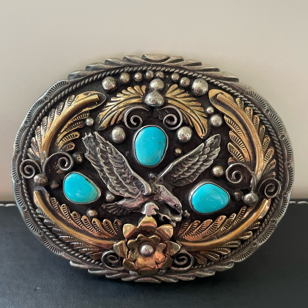 Sleeping beauty turquoise, sterling, silver gold belt buckle